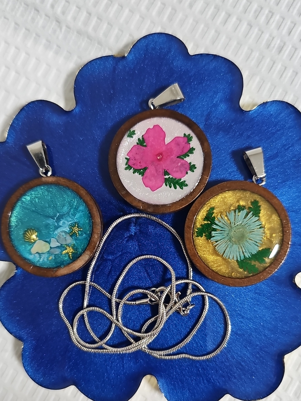 Handmade Floral Resin Wood Pendant Trio - Pink, Teal, Gold